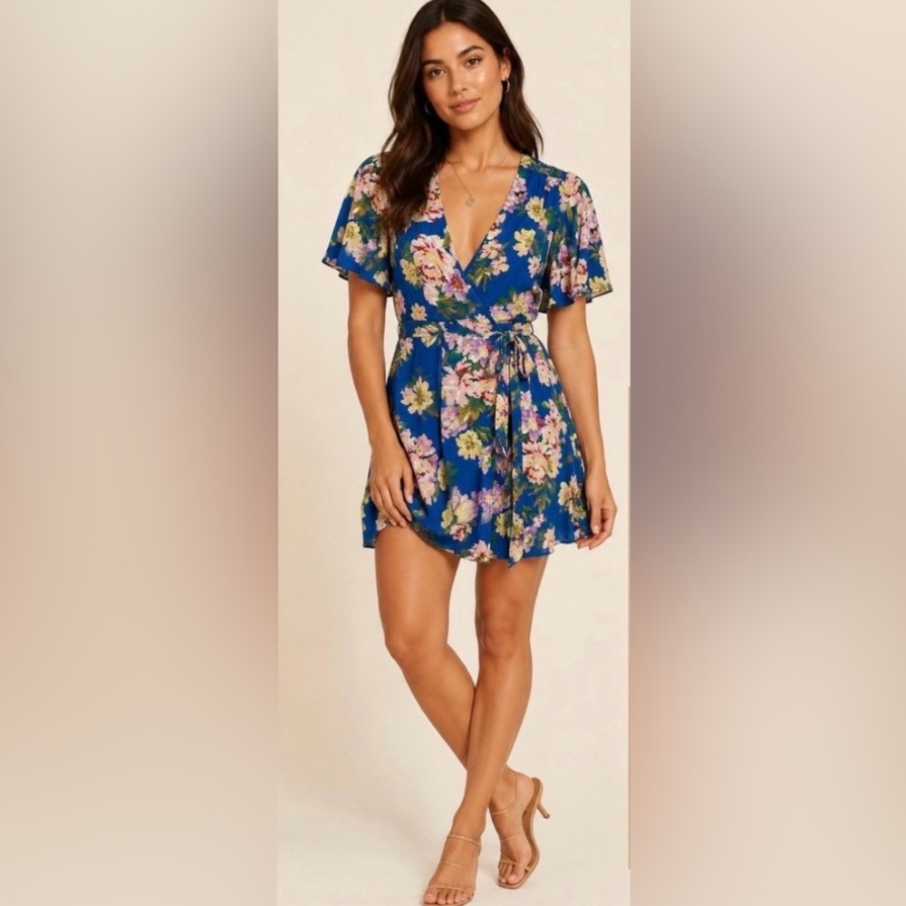 Revolve Privacy Please Mini Wrap Dress Revealing Blue Pink Green Floral size S